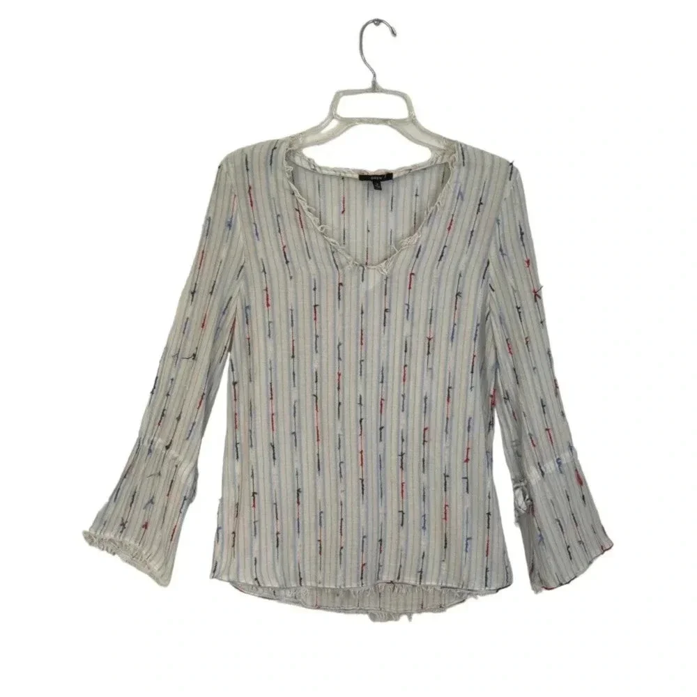 Anthropologie Drew Long Sleeve Boho Stripe Top Fringe‎ Hem V-Neck Size S